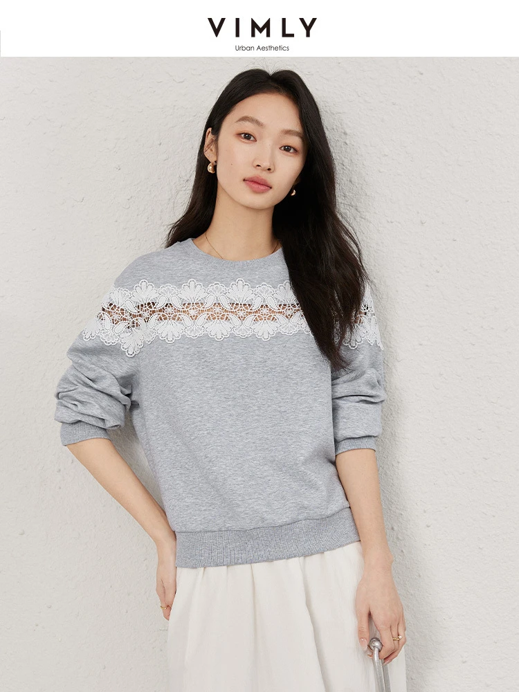 VIMLY Women's Sweatshirt 2025 Spring Autumn Casual Fashion Splicing Hollow Lace Grey Long Sleeve Loose Top Ladies Clothes A0513
