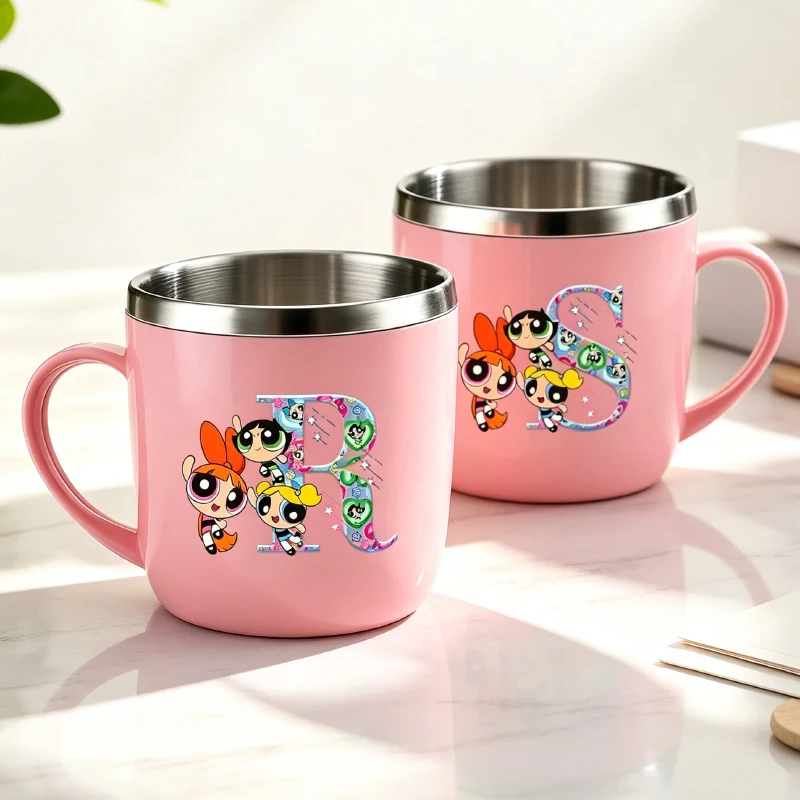 The Powerpuffs Girls 304 Stainless Steel Water Cup Cartoon A-Z Letter Toothbrush Cups Kawaii Anime Water Bottle Birthday Gift