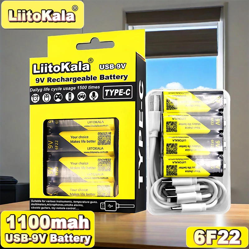 

LittoKala Compact 9V Li-ion Battery 48x26x16mm by LittoKala, Type-C Rechargeable for Portable Gadgets