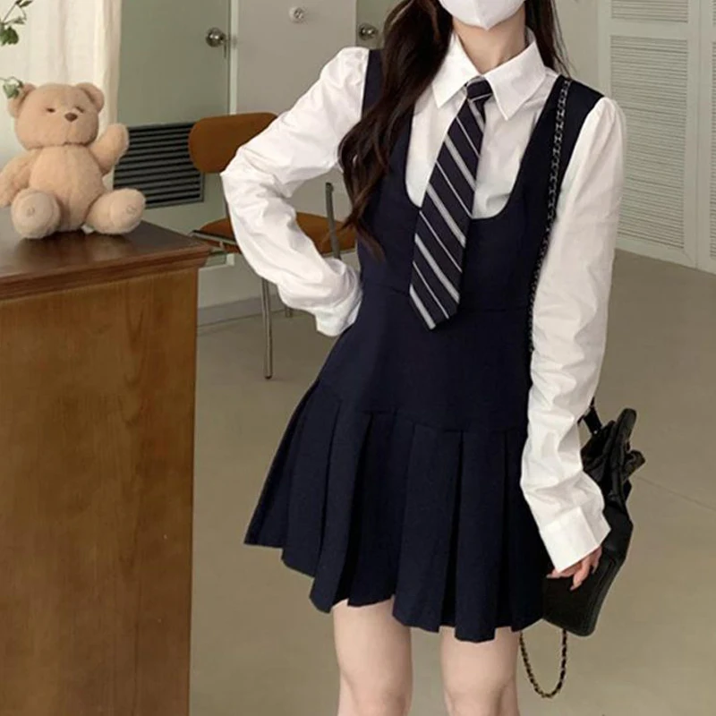 Korean Preppy Style JK Uniform Set for Women White Long Sleeve Shirt Student High Waist Slim Y2K Kawaii Pleated Mini Dress 2024