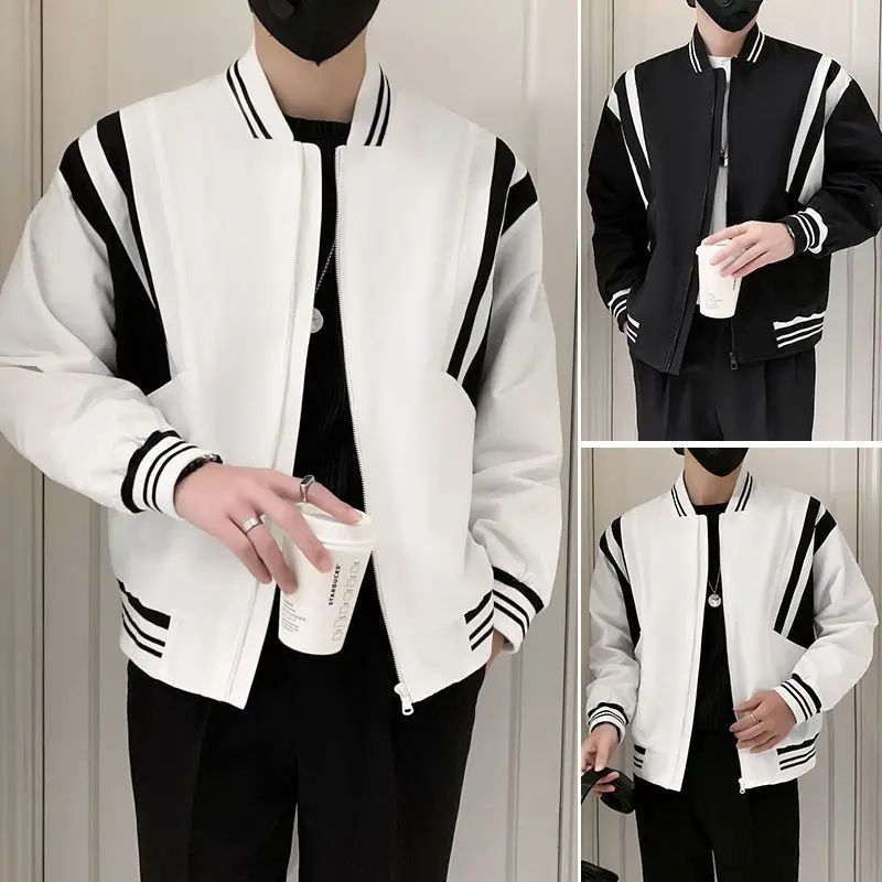 

Young Style Contrasting Colors Coats Spring Autumn Fashion Spliced Men's Clothing Casual Baseball Collar Zipper Loose Jackets