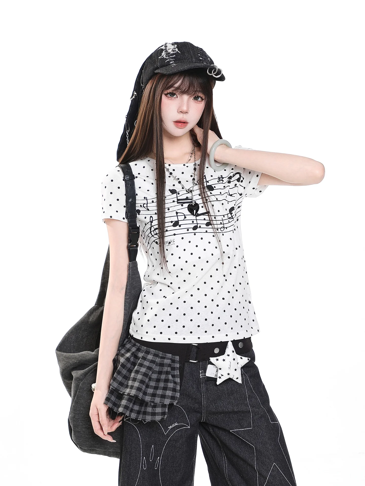 Summer Y2K Polka Dot Note Print Short Sleeve T-Shirt Women Casual Anti Aging Straight Leg round Neck Top for Young Girls
