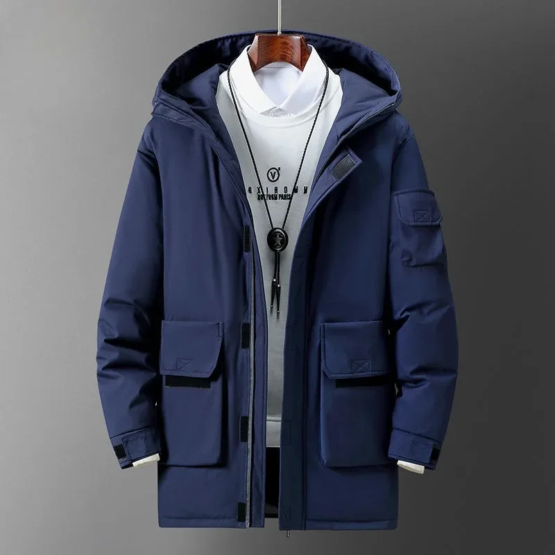 Inverno novos homens jaqueta de comprimento médio pato branco para baixo engrossar quente acolchoado jaqueta masculina moda casual tamanho grande com capuz parkas