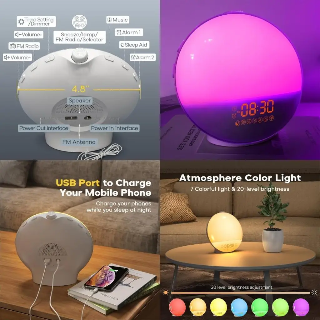   Moodlamp Morning Alarm Clock Wake Up Light Double Alarms Drowse 7 Sounds Modifiable Light Nearby Lamp