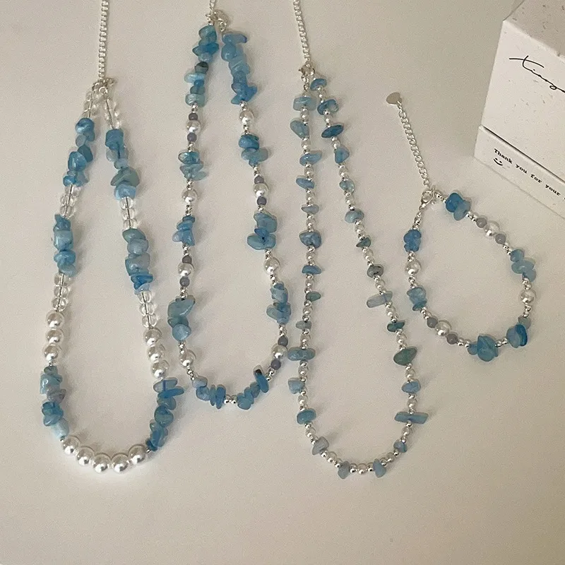 Minar Handmade Multiple Irregular Blue Natural Stone Crystal Aquamarine Simulated Pearl Beads Beaded Necklace for Women Chokers