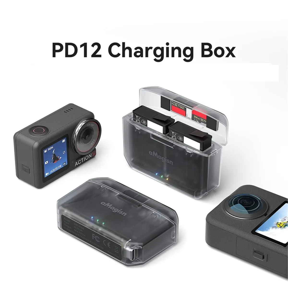 ABSF AMAGISN Charging Box for DJl Action 5 Pro/4/3 /Osmo 360 Charge Hub 2-Slot Charging Case with Misro SD Card Slot