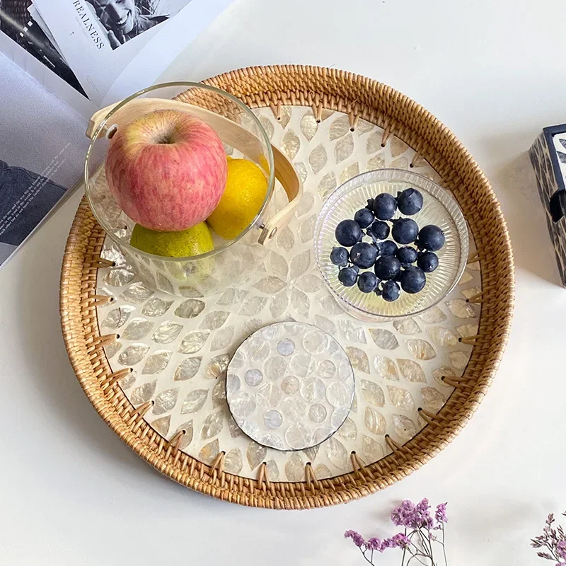 

Handmade rattan shell color storage circular household living room light luxury picnic fruit basket candy restaurant tray