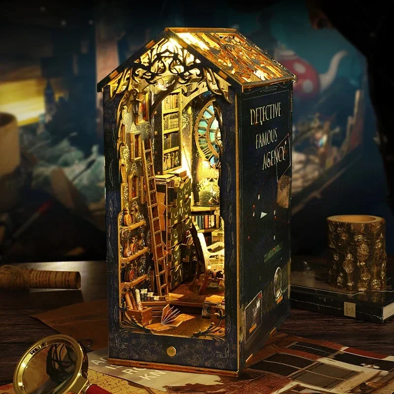DIY Book Nook Shelf Insert Kit Detective Agency Bookend Miniature Dollhouse 3D Puzzle Assembly Model for Adults Birthday Gifts