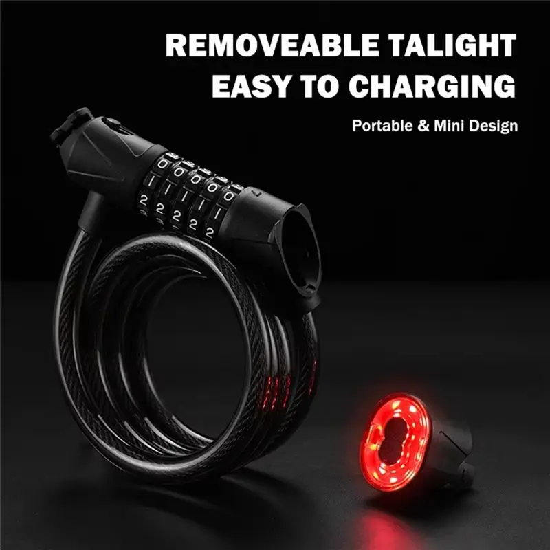 NEW HOT In Stock-Bicycle Lock With Light 5 Digit Security Password Bike Lock Steel Cable Chain Lock For Road Bike