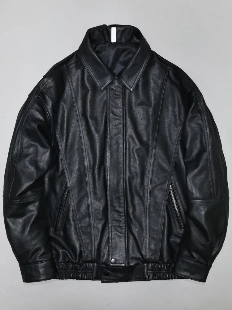 Streetwear Mens Punk Genuine Leather Jacket Zipper Lapel Black Soft Cowhide Motorcycle Coat Loose Fit Work Casual Outerwear Male