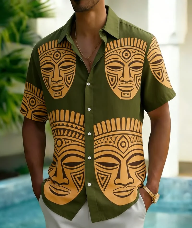 

Men's Vintage Tribal Print Short Sleeve Button Down Shirt, Ethnic Geometric Pattern Casual Shirt for Summer Vacation