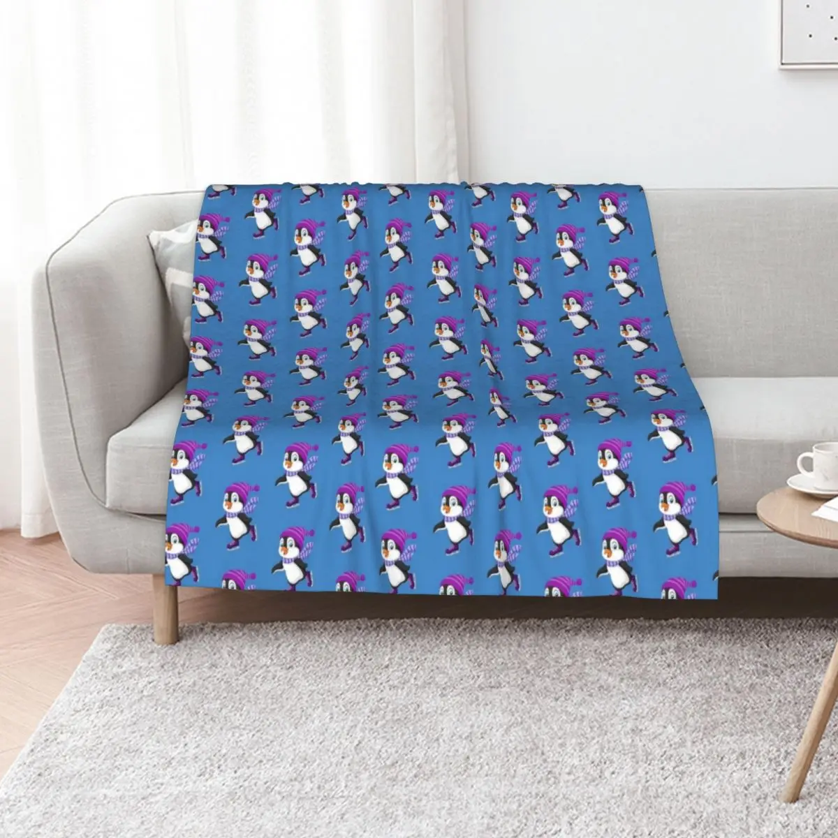 Cute Penguin Ice Skating Purple Hat Skates Throw Blanket Decoratives Plaid Thin Thermals For Travel wednesday Blankets