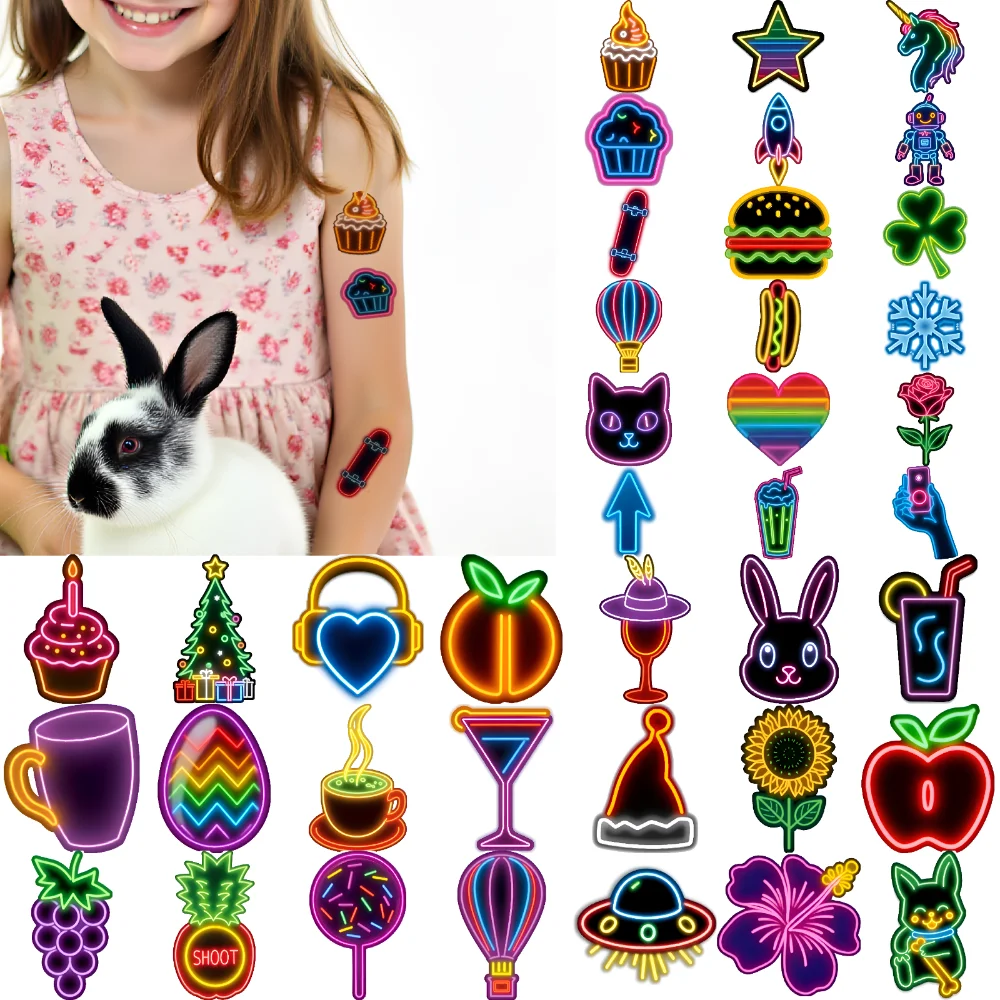 

63pcs Temporary Tattoo Neon Stickers Neon Light Vintage Stickers Waterproof Long-lasting Body Stickers For Boys Arms