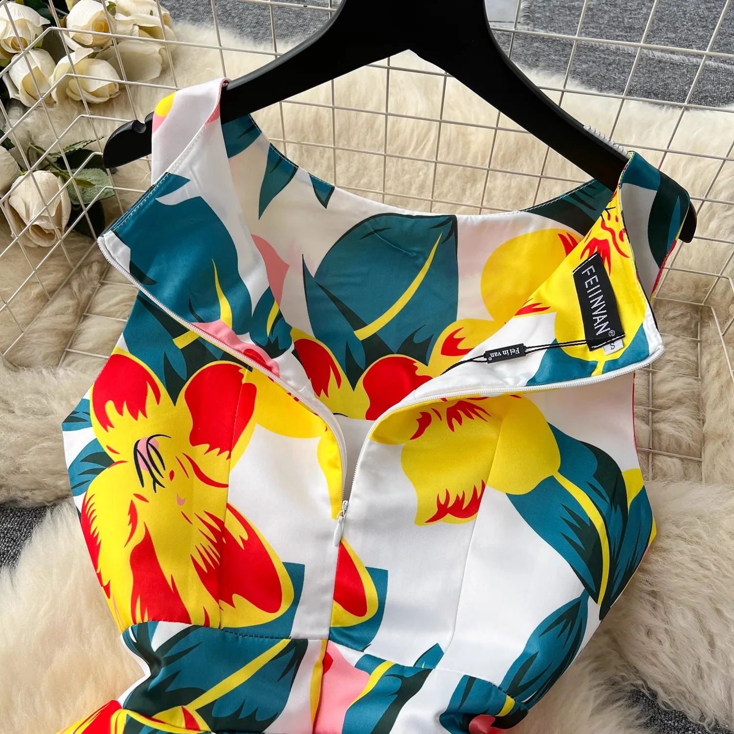 Flower Print Women Vest Midi Dress Elegant Fashion O-Neck Summer Sleeveless Slim High Waist A-Line Party Runway Tank Vestidos
