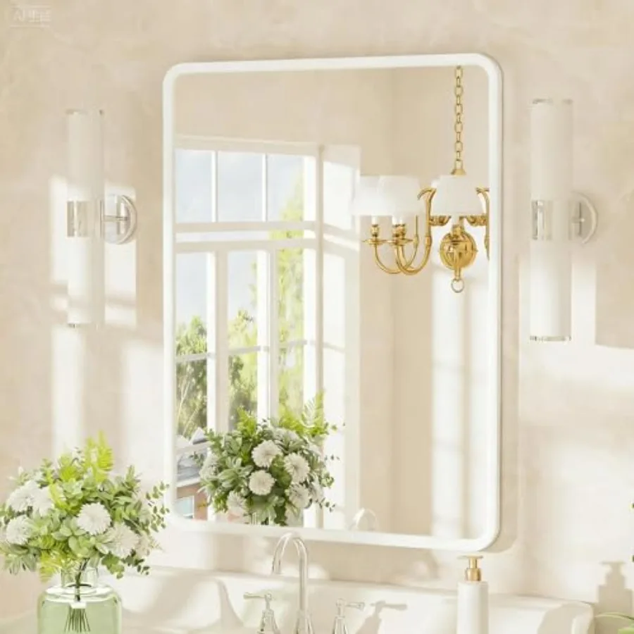 

24x36 inch Bathroom Mirror Metal Framed Rounded Rectangle Wall Mount Vanity Mirror HD Tempered Glass Aluminum Frame Horizontal