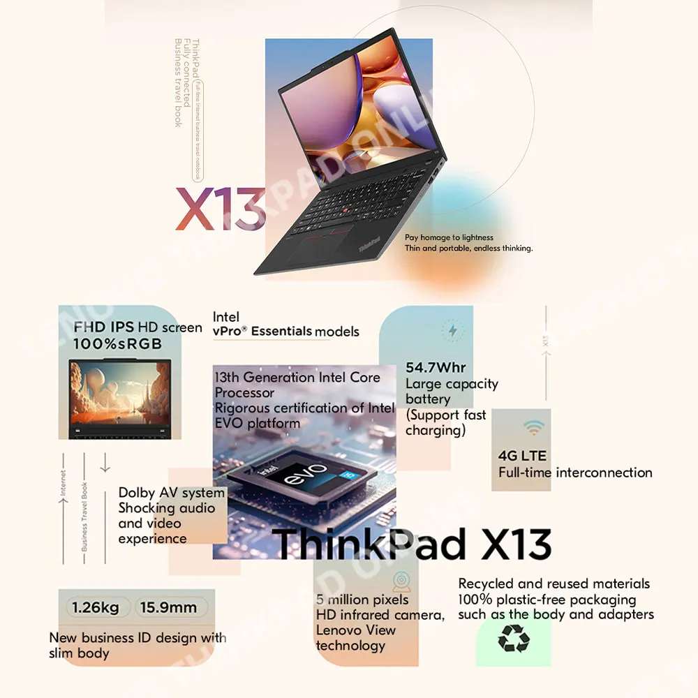 Ноутбук Lenovo ThinkPad X13, новый процессор Intel Core I7-1360P/i5-1340P vPro Xe Graphics 32 ГБ LPDDR5, 1 ТБ SSD, 13,3-дюймовый ноутбук 2023 г.