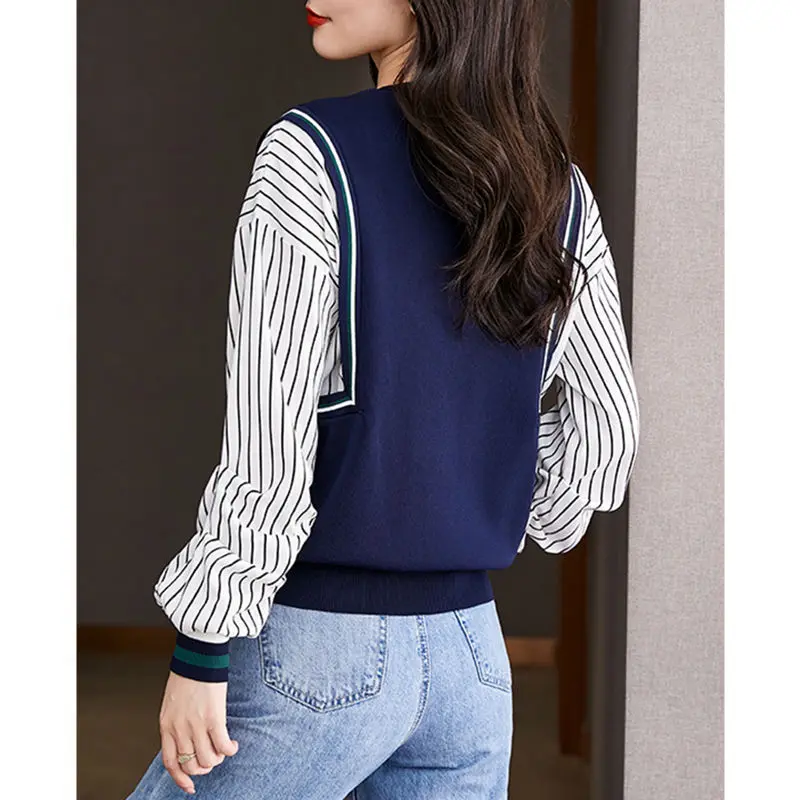 Fake Two Pieces Long Sleeve Patchwork Blouse Spring Autumn Long Sleeve Loose Vintage Shirt Tops Fashion Elegant Women Clothing