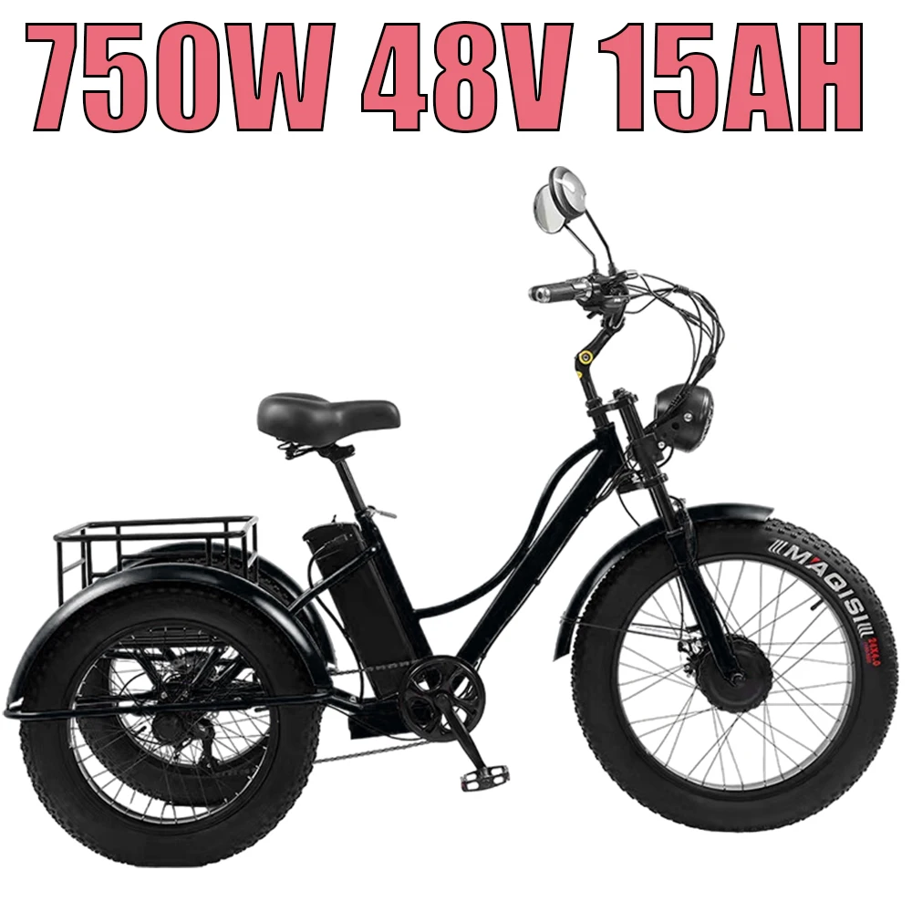 New Electric Tricyle Adult Electric Bicycle 24Inch Fat Tire 750W48V15AH Mobile Battery Mountain Ebike 3Wheel Electric Cargo Bike