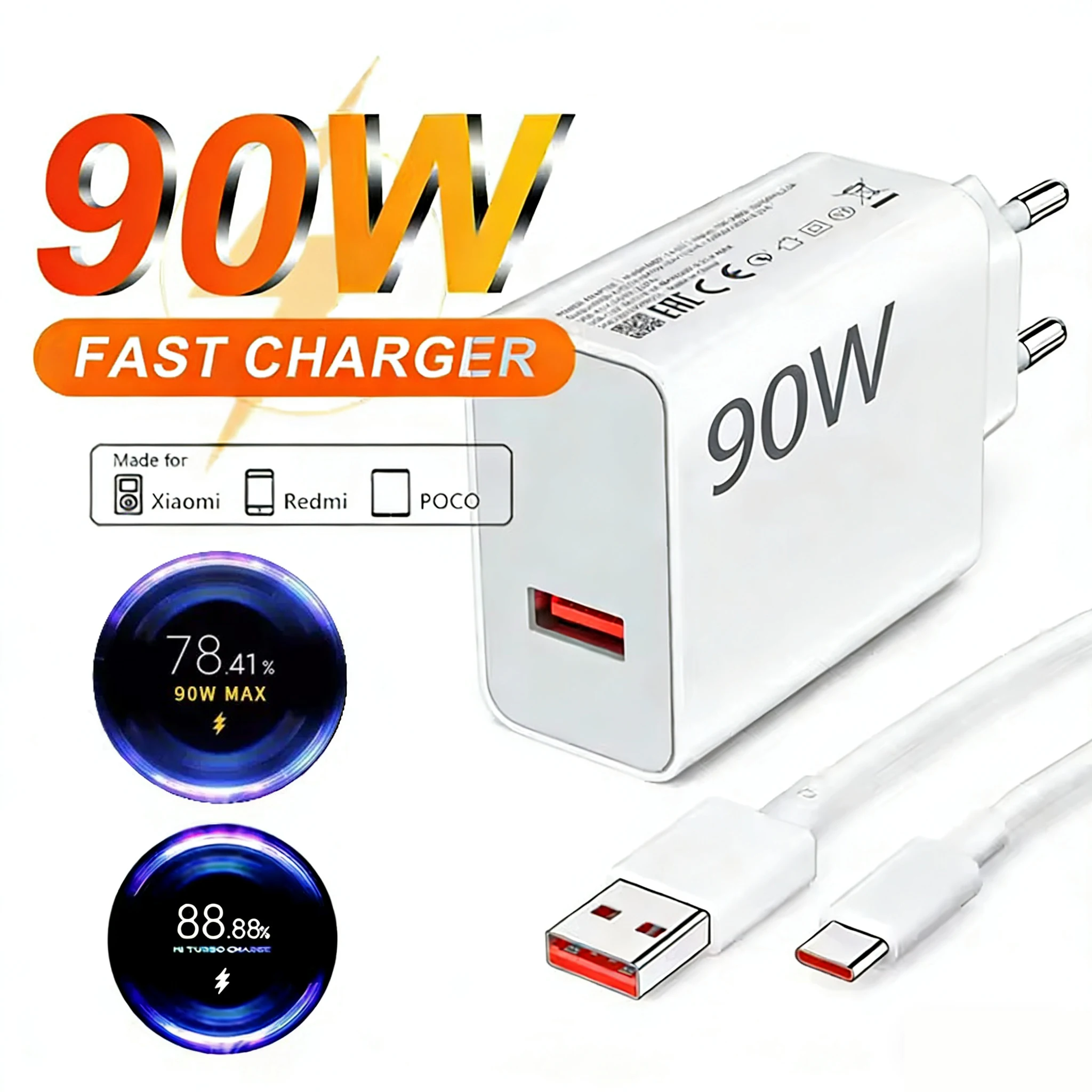 90W USB Fast Charger for Xiaomi 15 14 13 12 11 10 Ultra Redmi Note 12T 13 Pro Turbo Quick Charge Type C USB Charging Cable