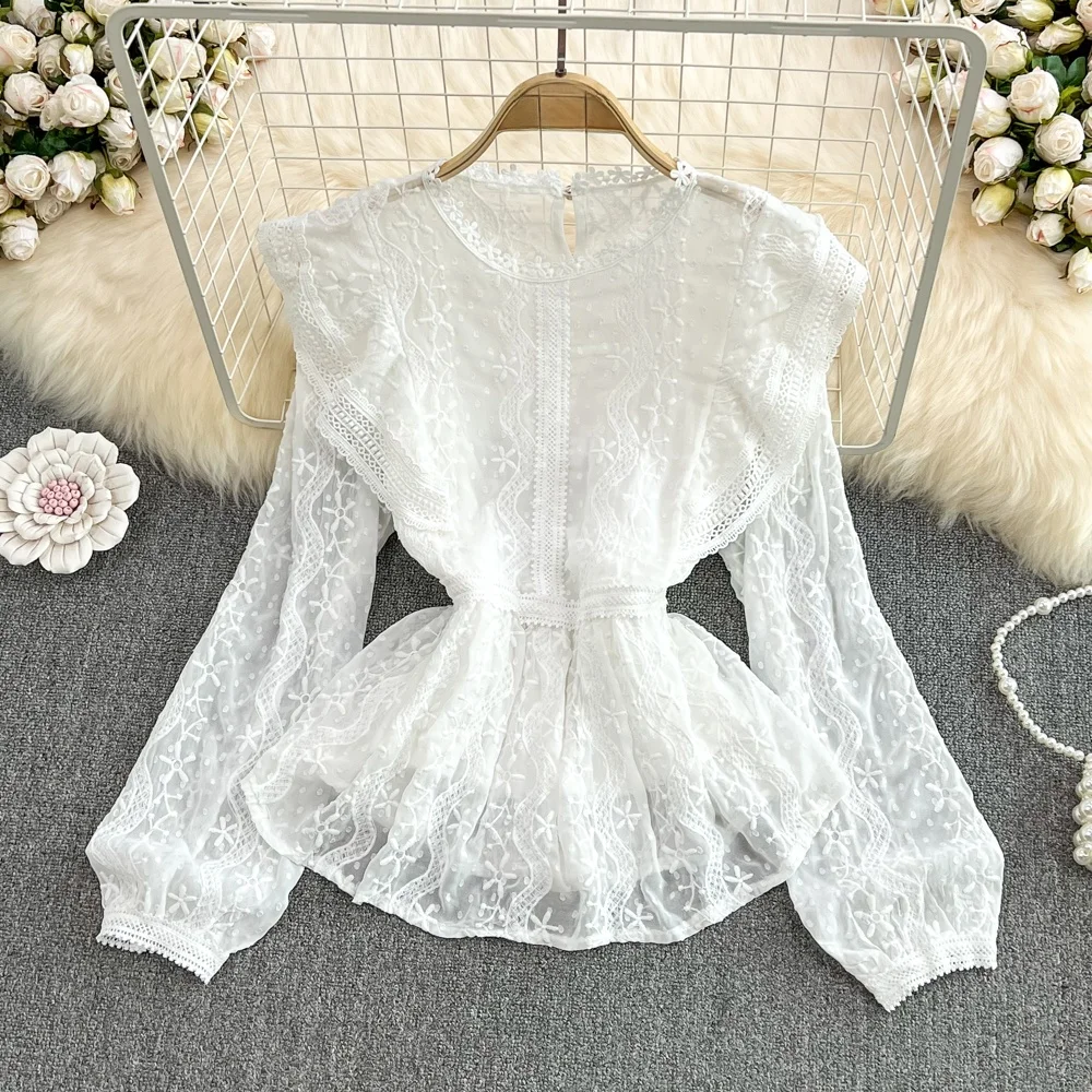 

Ruffle Hem Lace Shirt Women's White round Neck Slimming Top Korean Style Commute Fashion Sweet Short Trendy Summer 2025