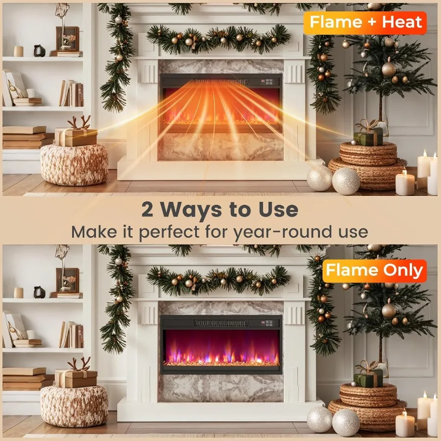 26 Electric Fireplace Insert Recessed Fireplace Heater with 8 Flame Colors 6 Ember Bed Colors Remote Control 9H Timer Thermosta