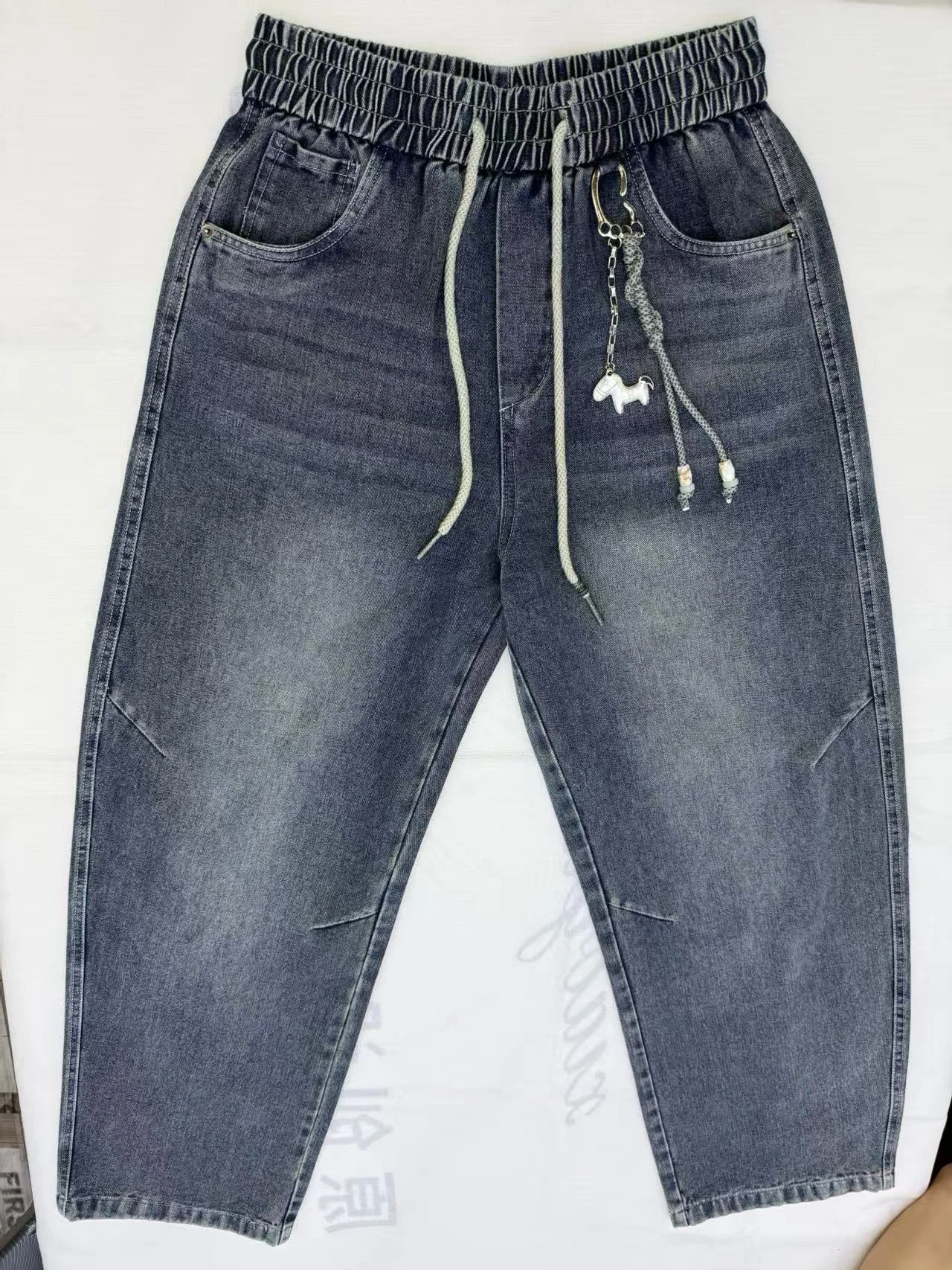 QICHE 2026 Men Vintage Washed Wide Leg Jeans Elastic Drawstring Waist Loose Straight Denim Trousers Streetwear