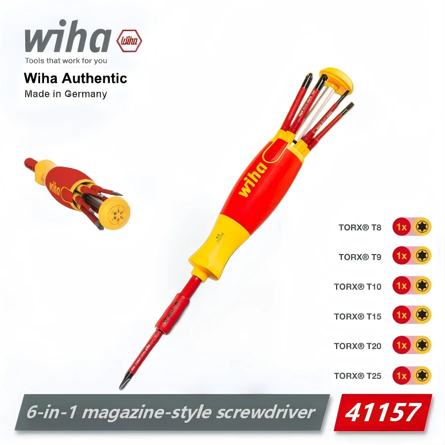 Wiha 41157 6-in-1 magazine-style screwdriver set with SlimBits storage, ergonomic handle, magnetic tip repair tools