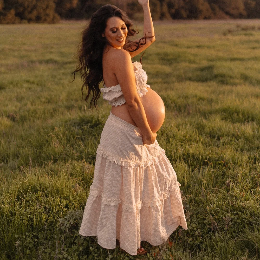 Maternity Dresses For Baby Showers Embroidered Checkered Strapless Two-piece Lace Cake Dress  Pregnancy Photography Outfit