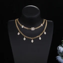 Luxury Square Shape Stackable Pendant Necklace Link Chain Full Cubic Zircon Fashion Charm Women Party Jewelry Gift N147