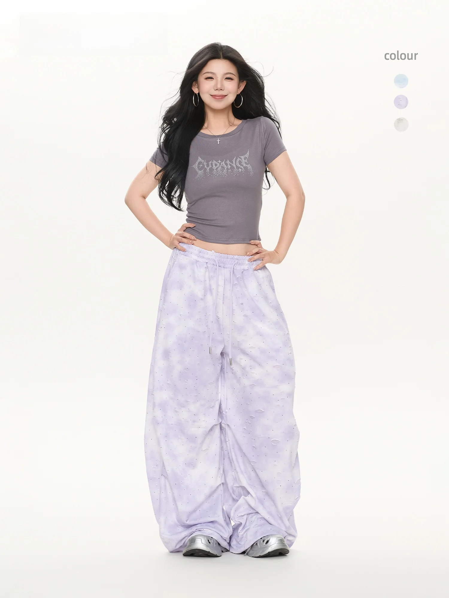 CV Dance Trendy Brand Women's Summer Wide Leg Loose Fit Sports Dancing Pants Diamond Embellished Hole Paratrooper Long Trousers