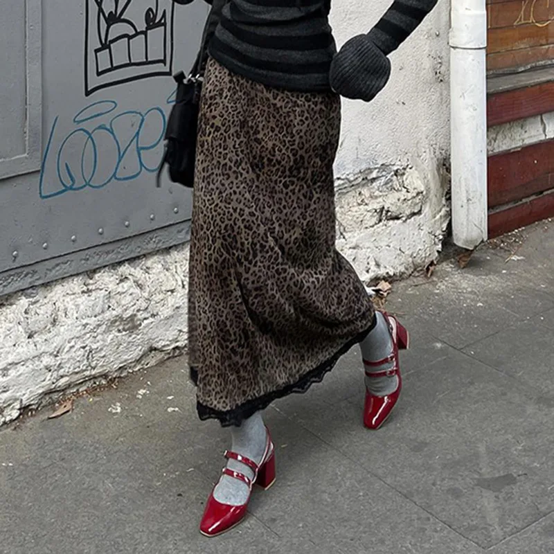 

Retro Brown Leopard Y2K Long Skirts Women Lace Trim Hem Two Layers Mesh Vintage Aesthetic Elegant Fashion Women Clothing