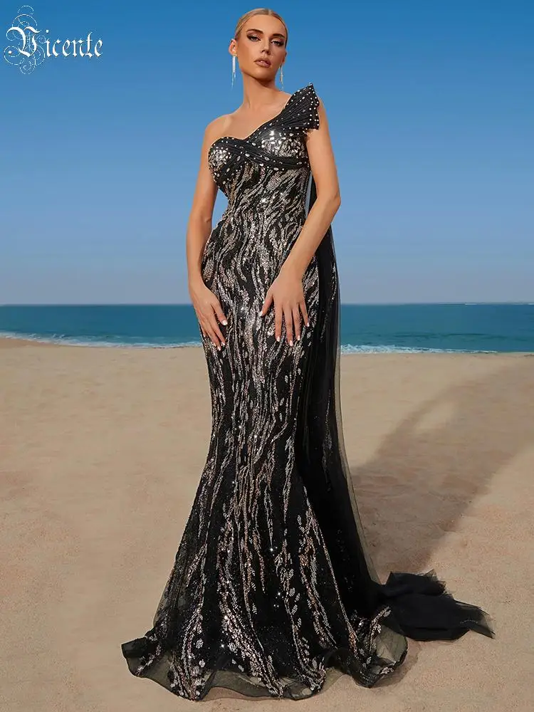 Vestidos de Noche Negros con Lentejuelas de un Solo Hombro para Mujer – Vestido Formal de Lujo Estilo Sirena con Detalles de Brillo Dorado y Cola de Tul