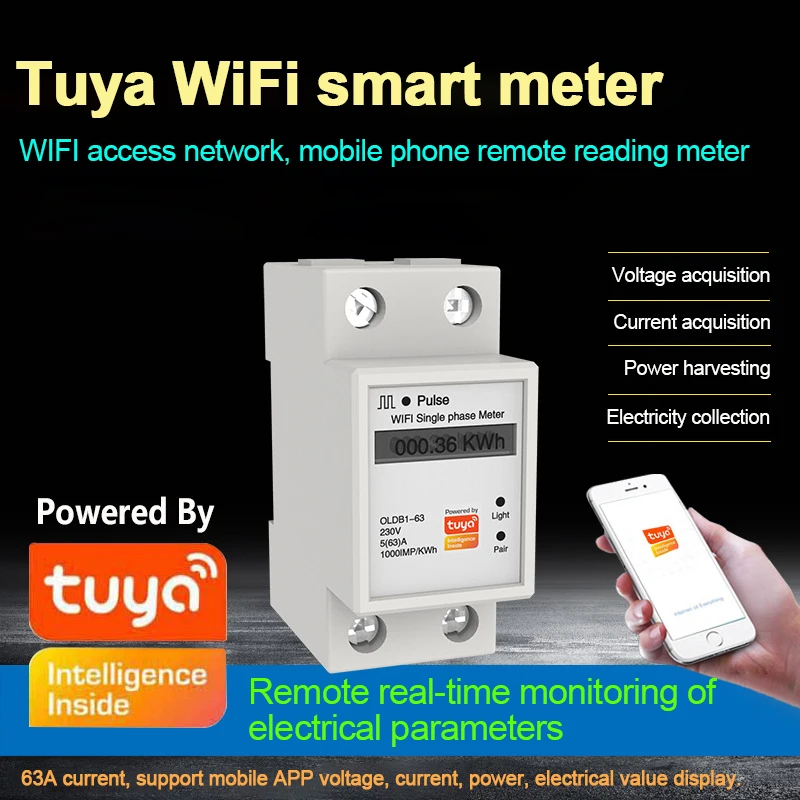 Single Phase Din Rail Wifi Smart Energy Meter Power Consumption Kwh Meter Wattmeter Support Smartlife/Tuya App Alexa Google Home