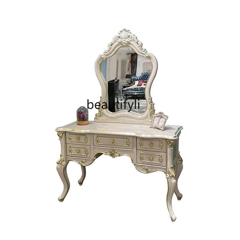 

French solid wood dressing table, European carved curved combination bedroom dressing table furniture