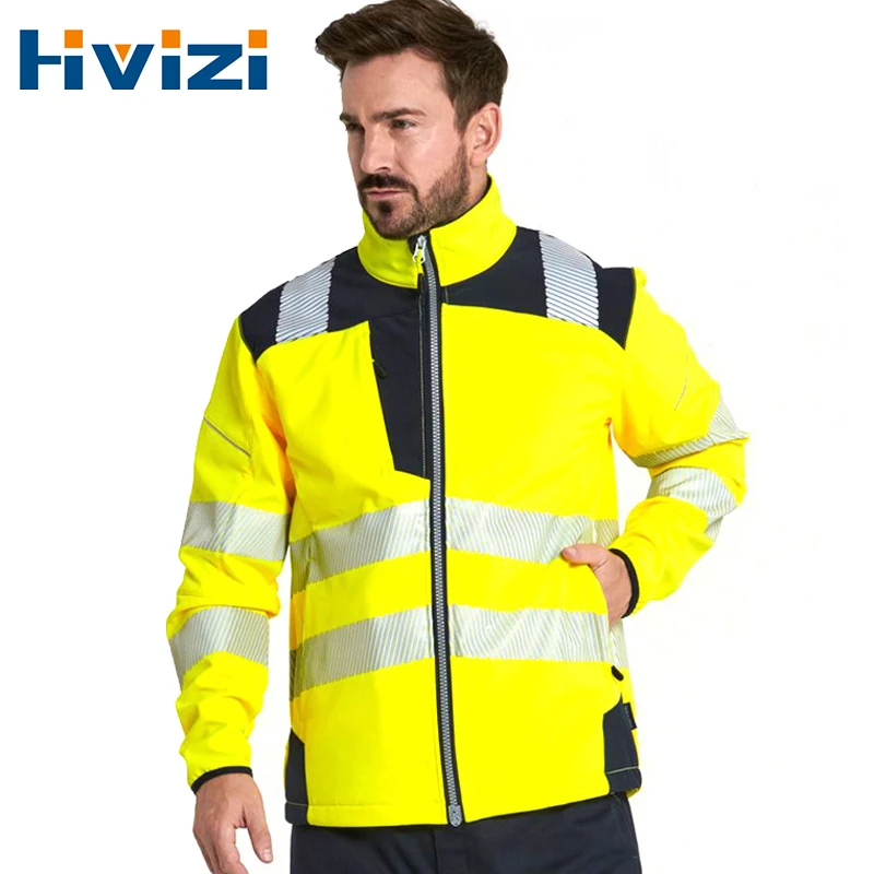 Hi Vis Softshell เสื้อสะท้อนแสงกันน้ำซิปเสื้อทำงานกลางแจ้งความปลอดภัย Breathable Windproof Workwear