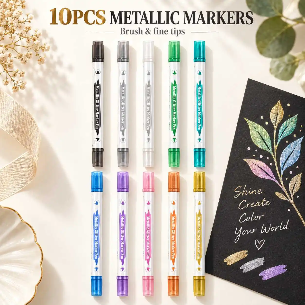 10pcs Metallic Dual Tip Marker Pens Brush and Fine Nibs for Black Cards Journals Scrapbooks DIY Crafts