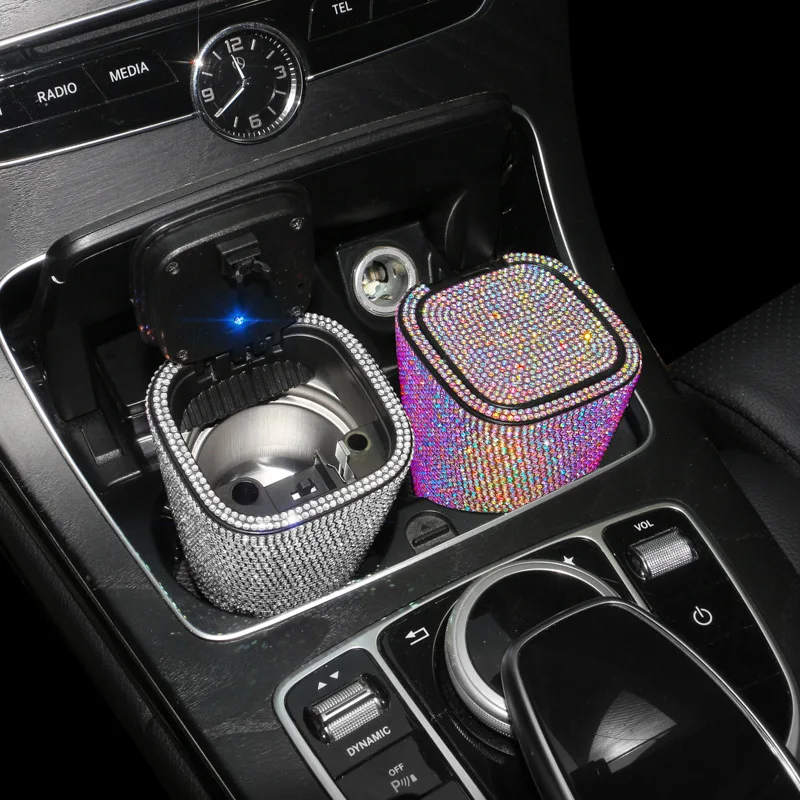 Car Diamond Ashtray LED Lights with Cover Windproof and Odor-Proof Bling Bling Mini Auto Trash Can Car Accessories for Women