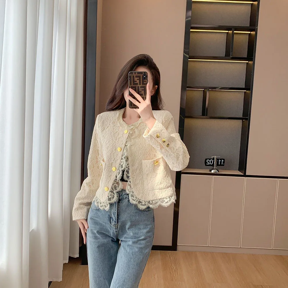 Elegant Lace Patchwork Jacket Womens Single Breasted Coats Lady France Retro Chic Outerwear Streetwear Casual Fashion Clothing