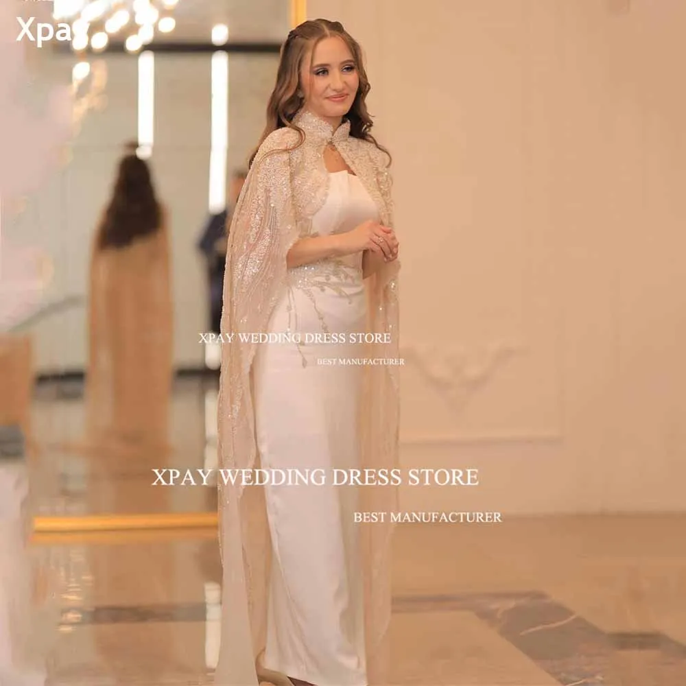 XPAY Luxury Saudi Arabic Wedding Party Dresses Lace Beading Cape Sleeves Floor Length Elegant Formal Prom Gown Occasion Event