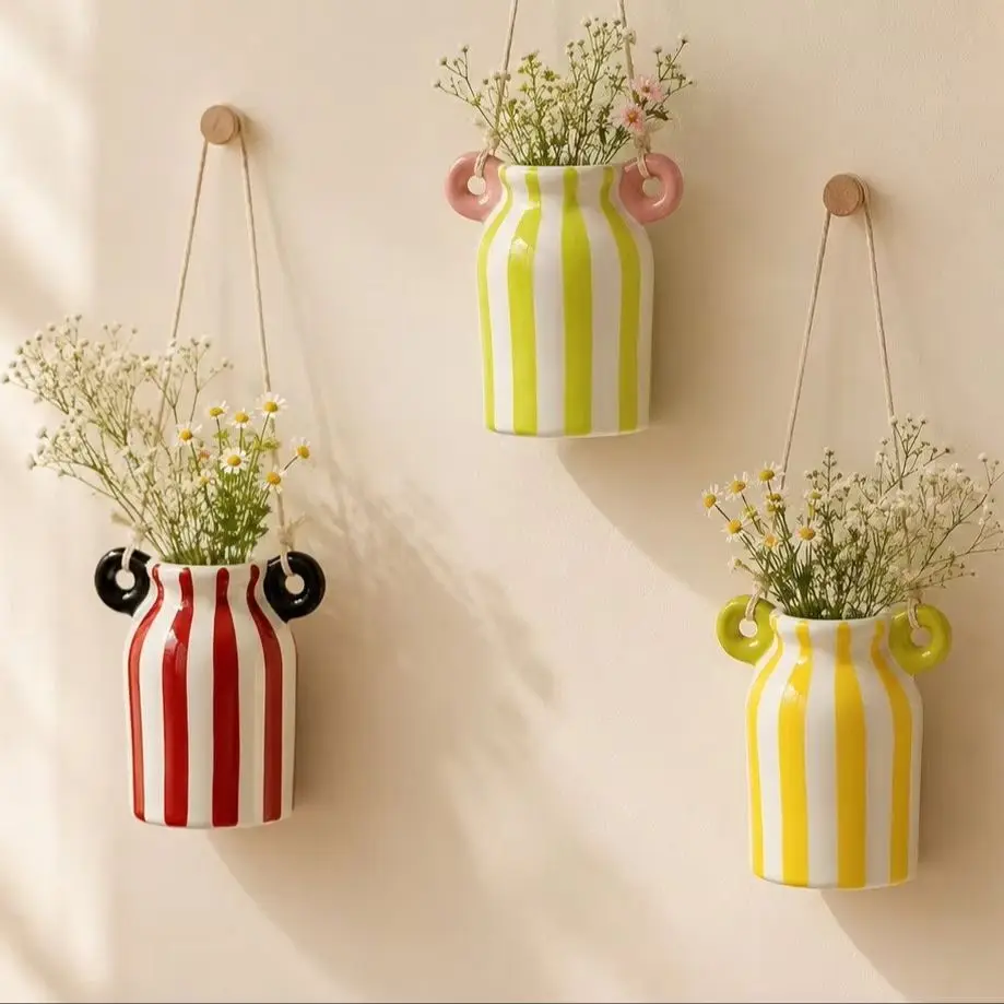 Striped Ceramic Bud Vase Wall Hanging Flower Vase with Cotton Rope Dual Ear Mini Planter 5 Colors