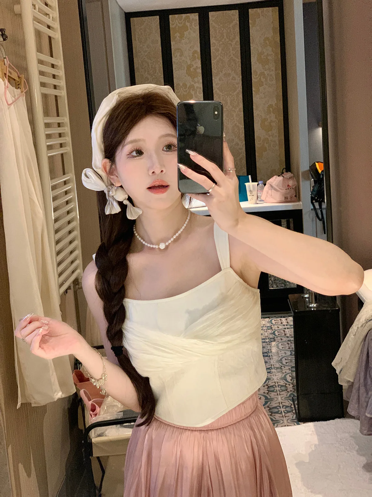 

DbyDoi White Strap Vest Svel Women's Base Layer Outerwear 2024 New Sle High-End Feel ort Length Pure Color