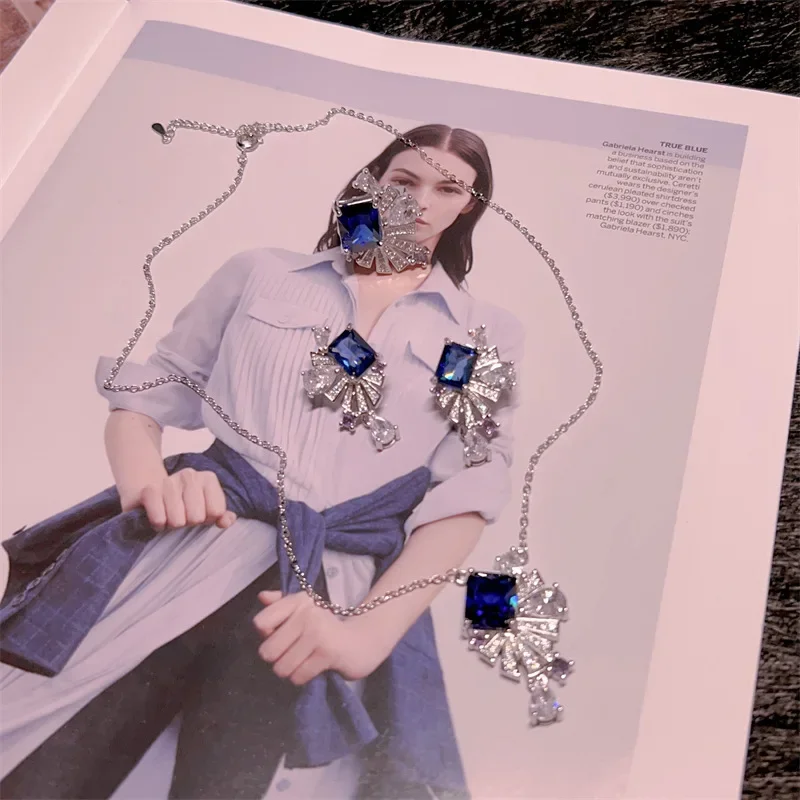 Creative square diamonds inlaid blue gem jewelry sets luxury geometric exquisite water droplet earrings dinner necklace ring