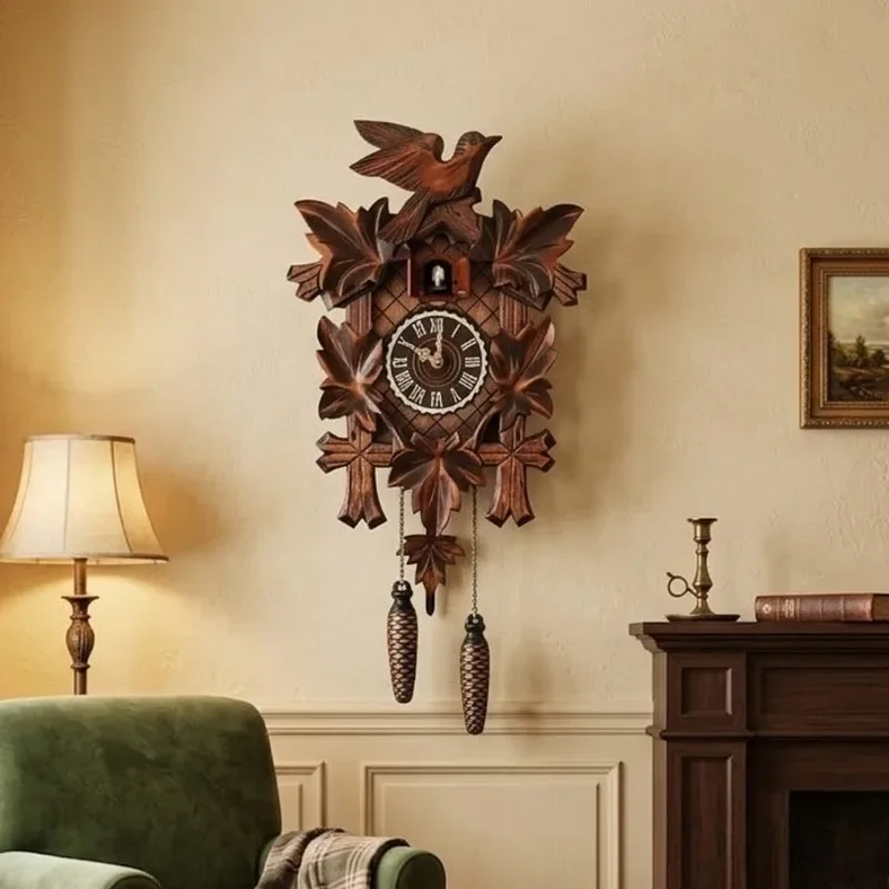 Cuckoo Wall Clock Wooden Retro Pop Out Bird Chime Hourly For Living Room Home Decor Cozy Vintage Centerpiece Gift For Family