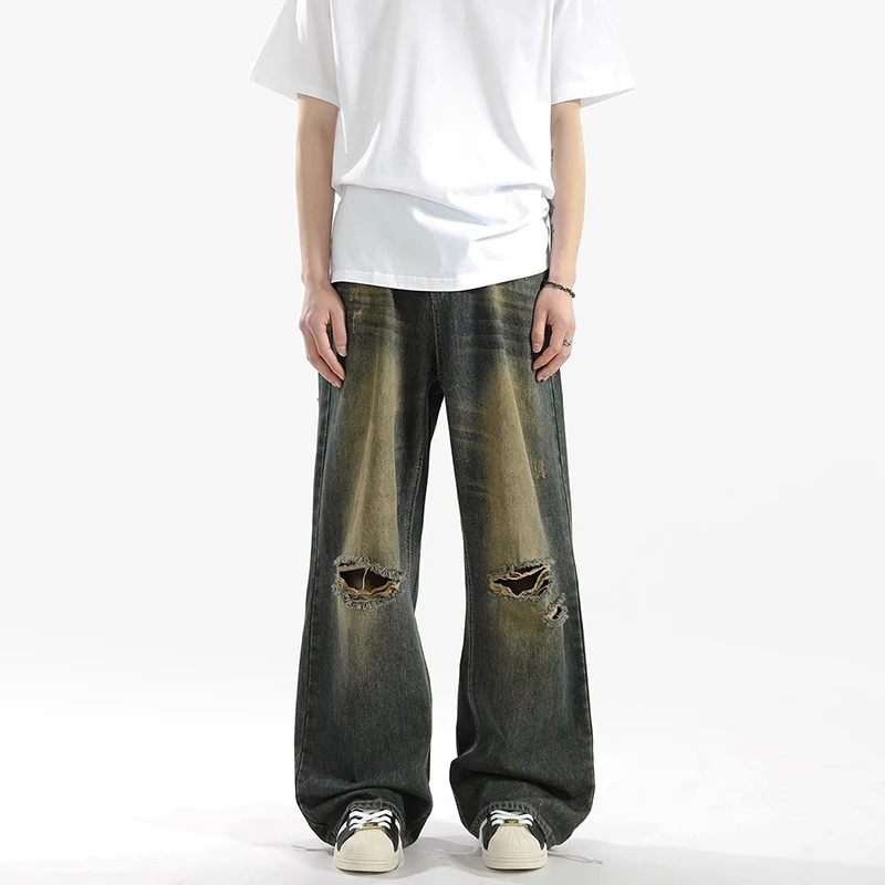 WTHT Vintage 2025 Estate da uomo Gradient Hole Do Old Design Pantaloni in denim Moda stile americano Jeans dritti larghi Maschio 2A1136