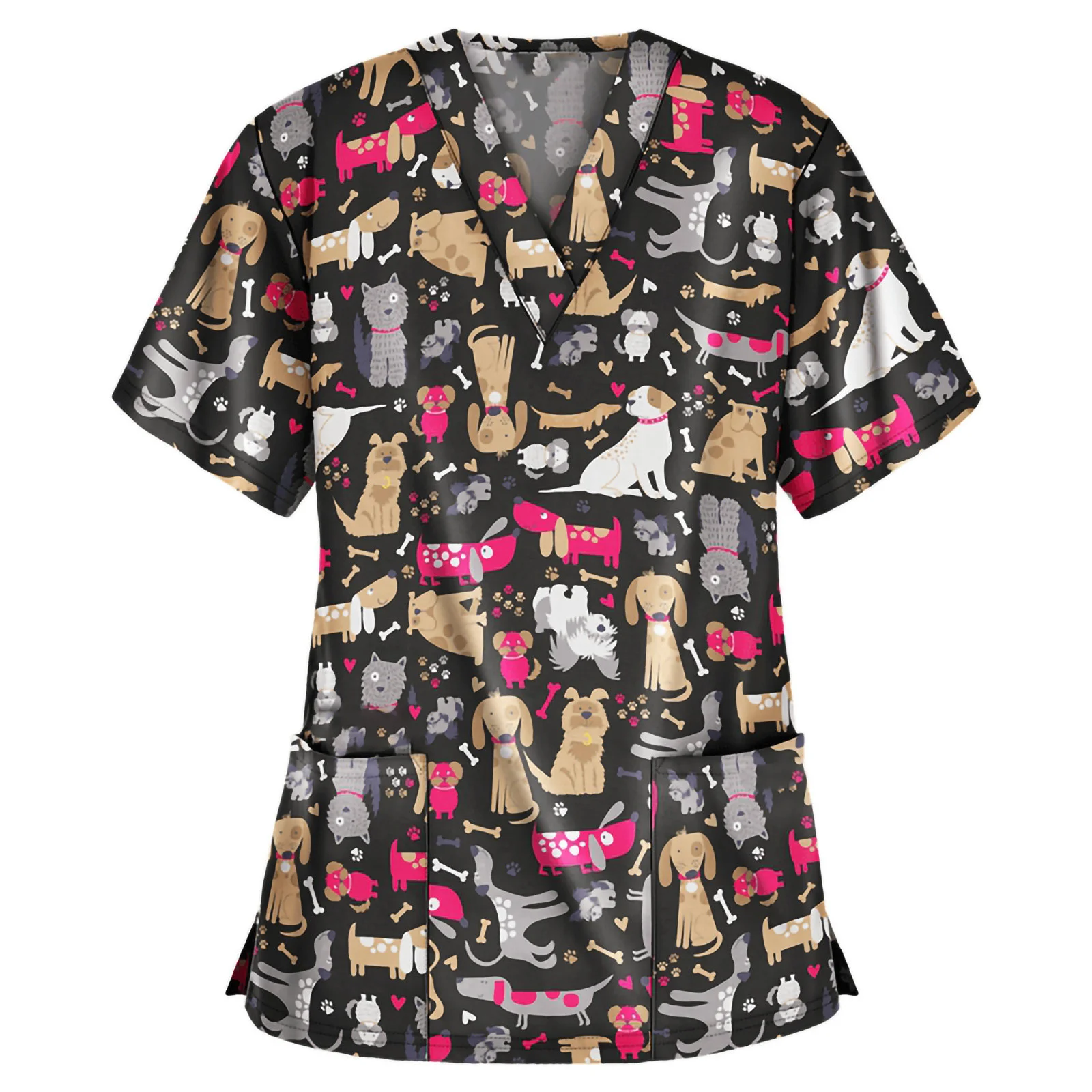 Túnica de manga curta para mulheres com decote em v, blusa estampada para cães dos desenhos animados, macacão casual uniforme de enfermeira, A50