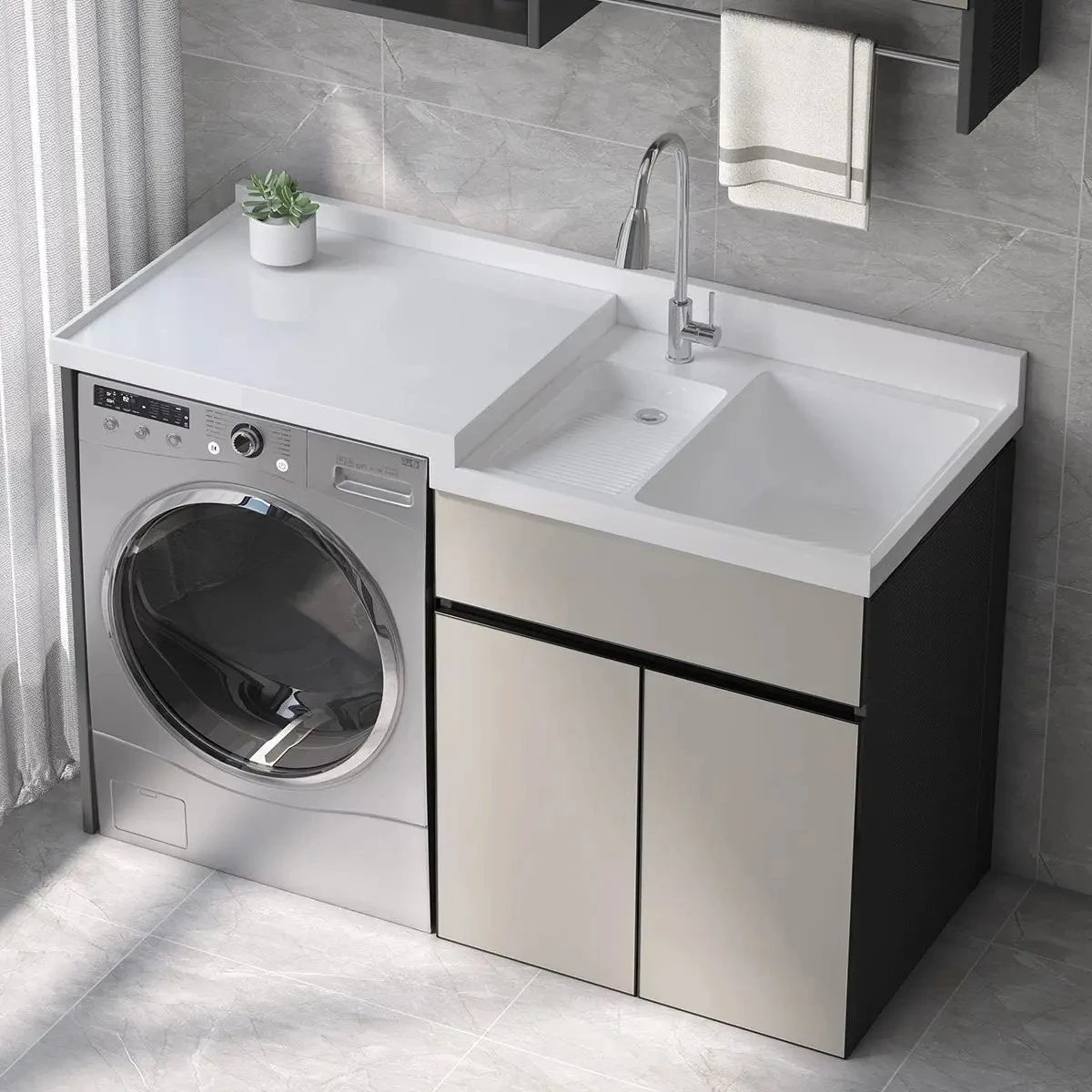 TP-26 Balcony Washing Machine Integrated Cabinet Combination Space Aluminum Laundry Cabinet Wash Basin Laundry Sink with Washboa