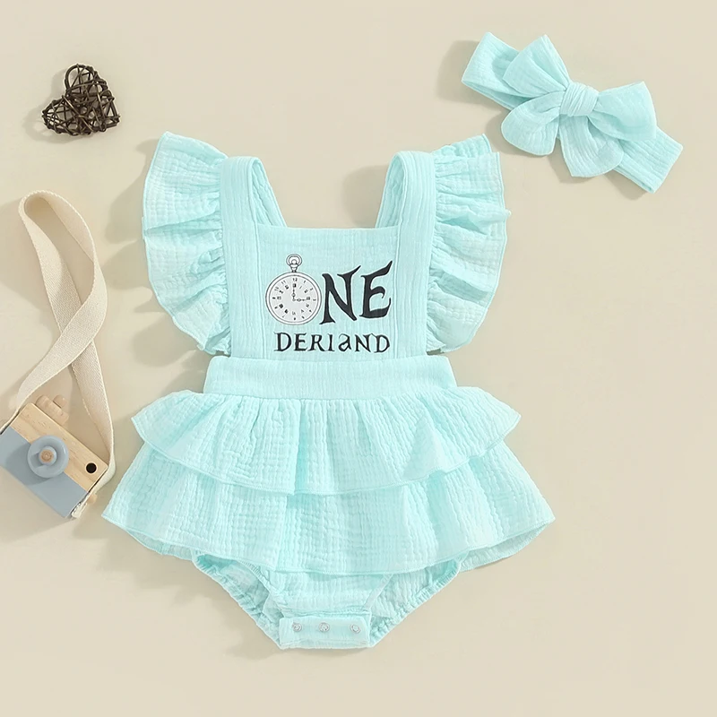 

Baby Girl First Birthday Outfit One Derland Clock Cotton Linen Ruffle Romper Bodysuit Cake Smash Clothes