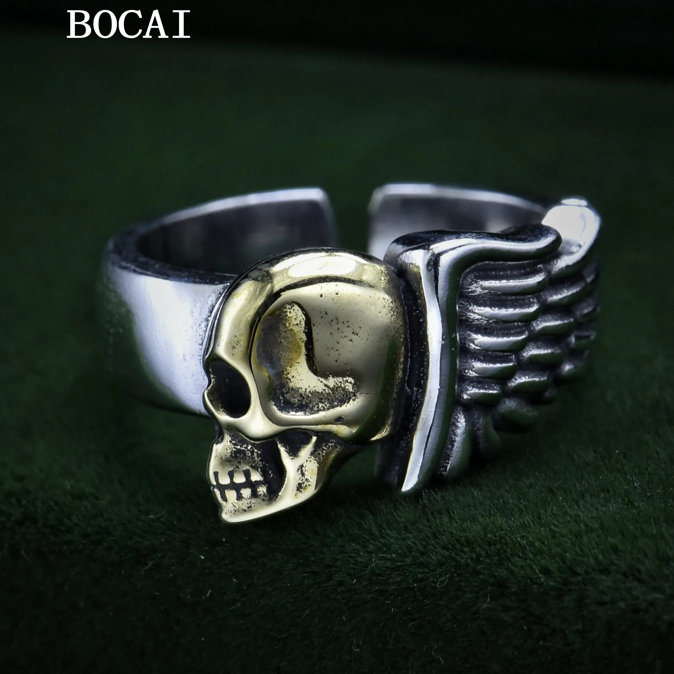 男性用bocai-s925スターリングシルバーオープンリングパーソナライズされた翼頭蓋骨リングファッショントレンドギフト