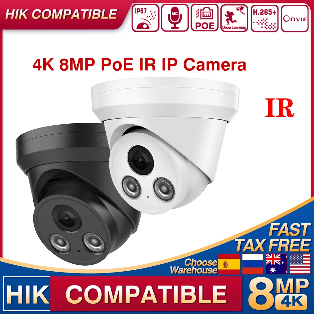 

Hikvision Compatible 4K 8MP IP PoE Turret IR Outdoor IP67 Waterproof WDR CCTV Security Camera Plug&Play with HIK NVR