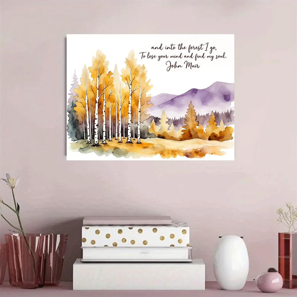 1PC-Unframed Canvas poster wall decoration Autumn Watercolor Forest, Birch Trees, Mountain Landscape & John Muir Quote